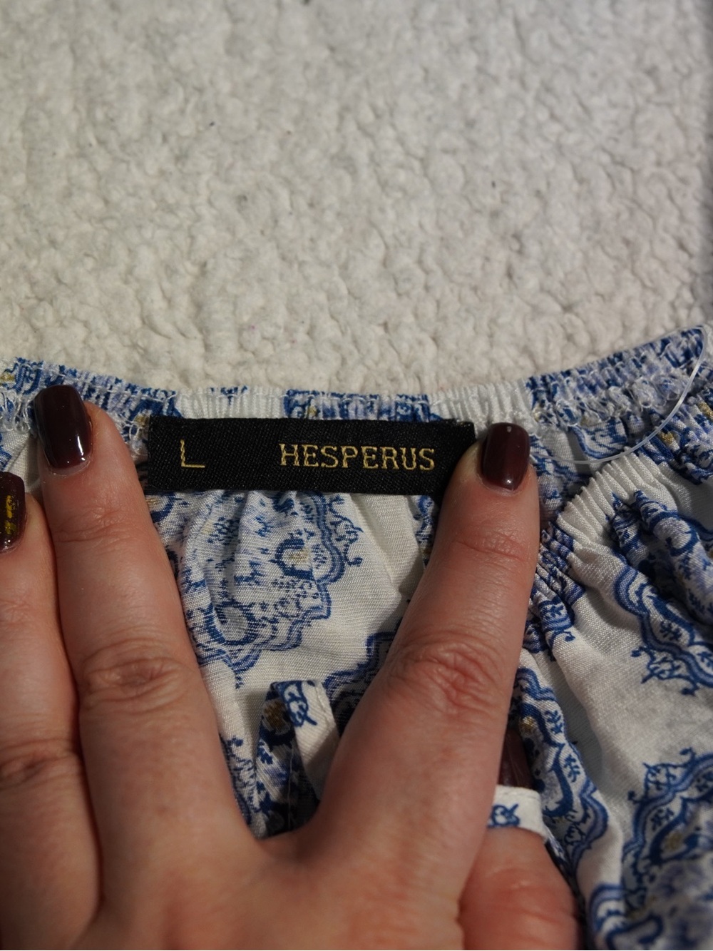 Hesperus Blue White Smocked Milkmaid Dress L NWOT